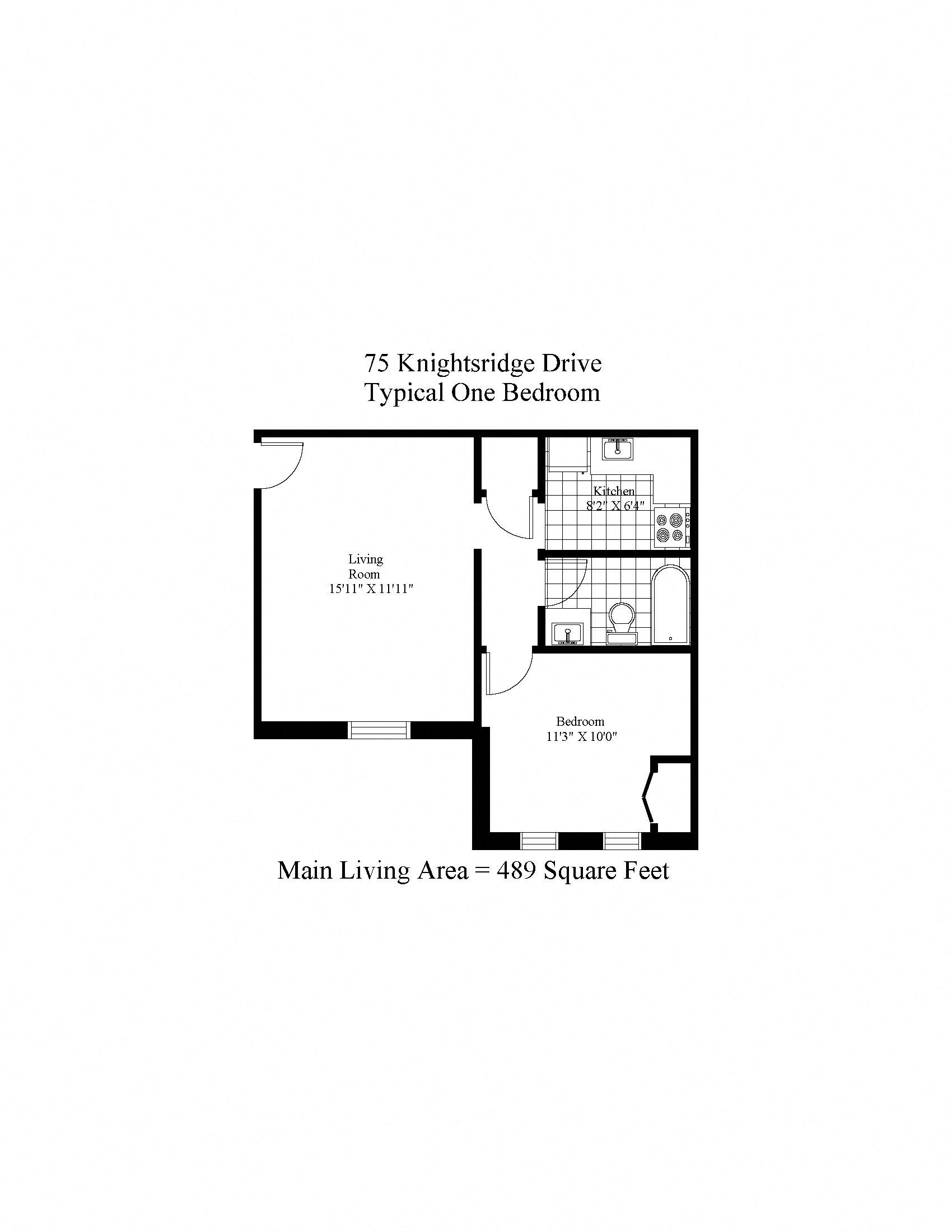 Floor plan for 1 bed, 1 bath, 489 sqft